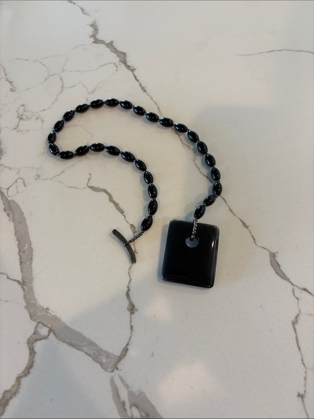 JTV Black Beaded Necklace with Glossy Square Pendant